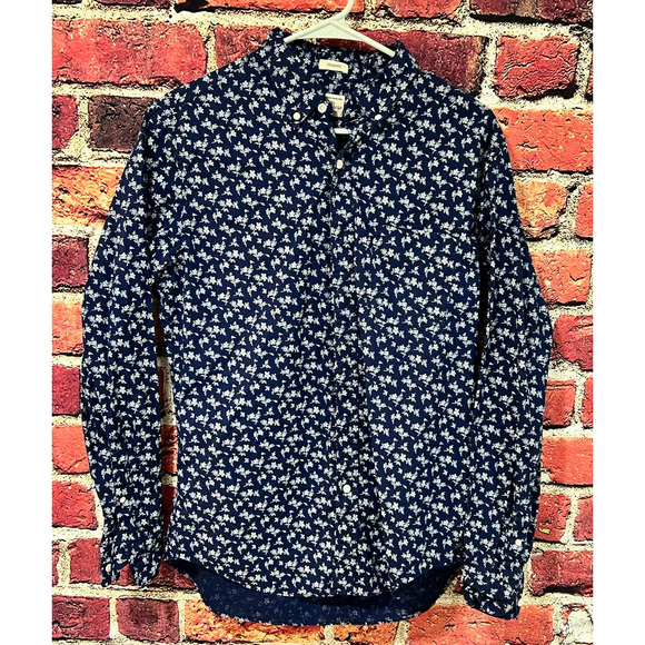 J Crew Secret Wash Stretch Button Up Floral Blue White Shirt Size Medium - Picture 1 of 6